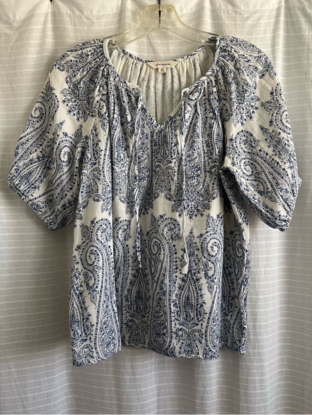 Lucky Brand Cream Blue Paisley Puff Sleeve Cotton Split Tie Neck Boho Top XS